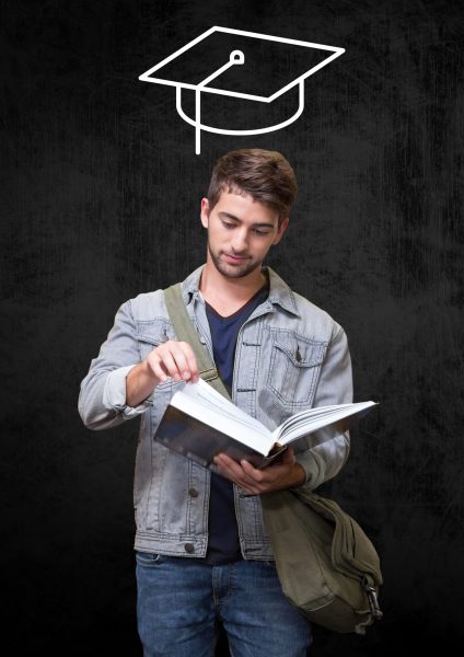 Teenage student with mortarboard above head reading book against black background Digital composite image of teenage student with mortarboard above head reading book against black background